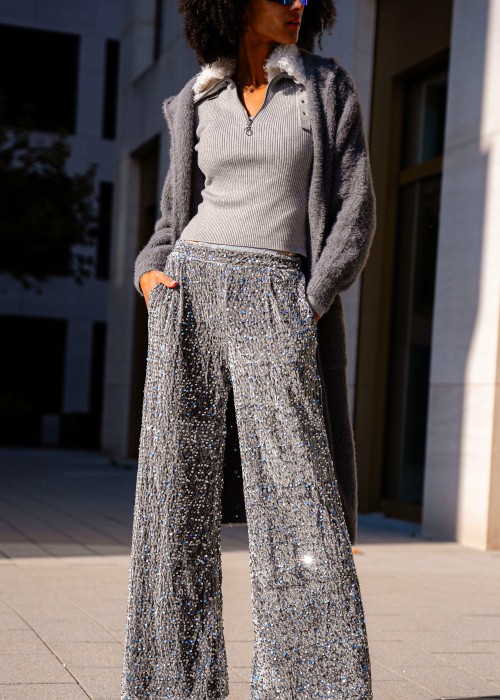 Boho Pailletten Pants Samt silber