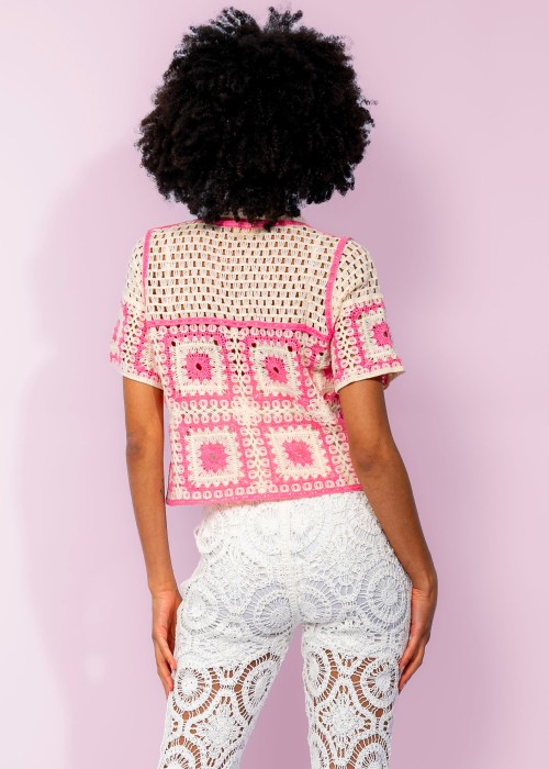 Boho Crochet Cardigan rosa-weiss